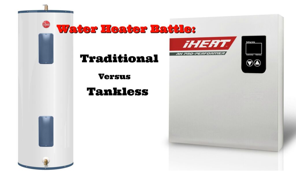 A traditional water heater and a tankless water heater